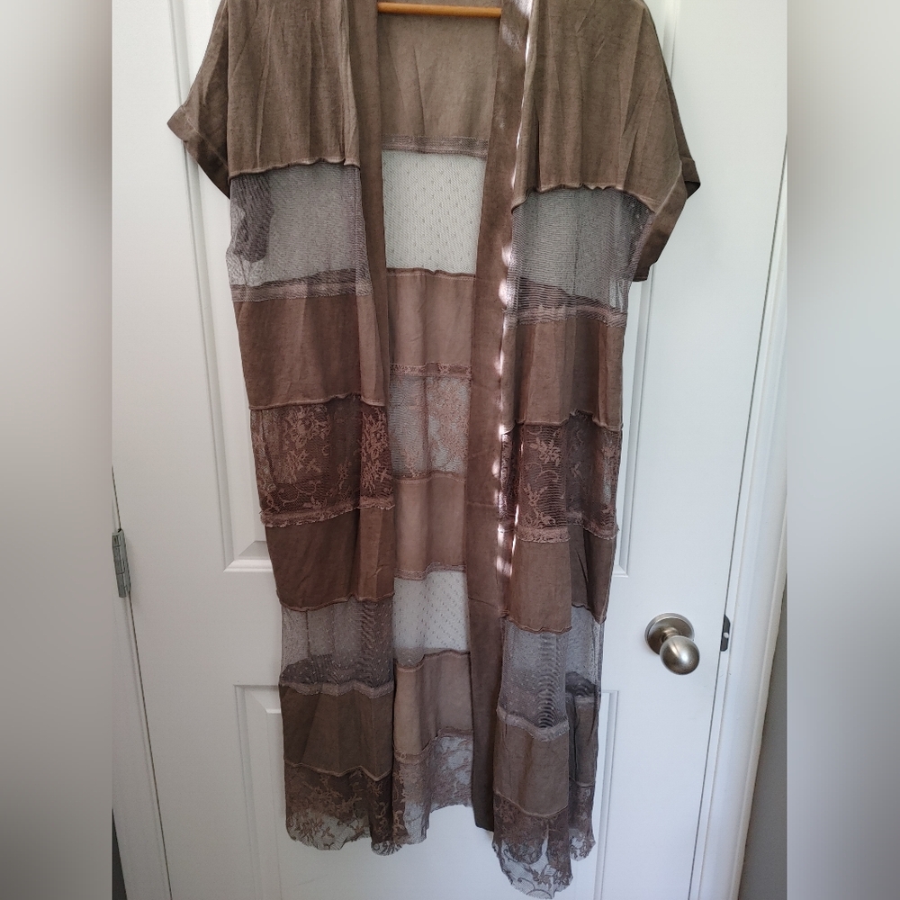 Luukaa Taupe Brown Patchwork Lace Open Duster